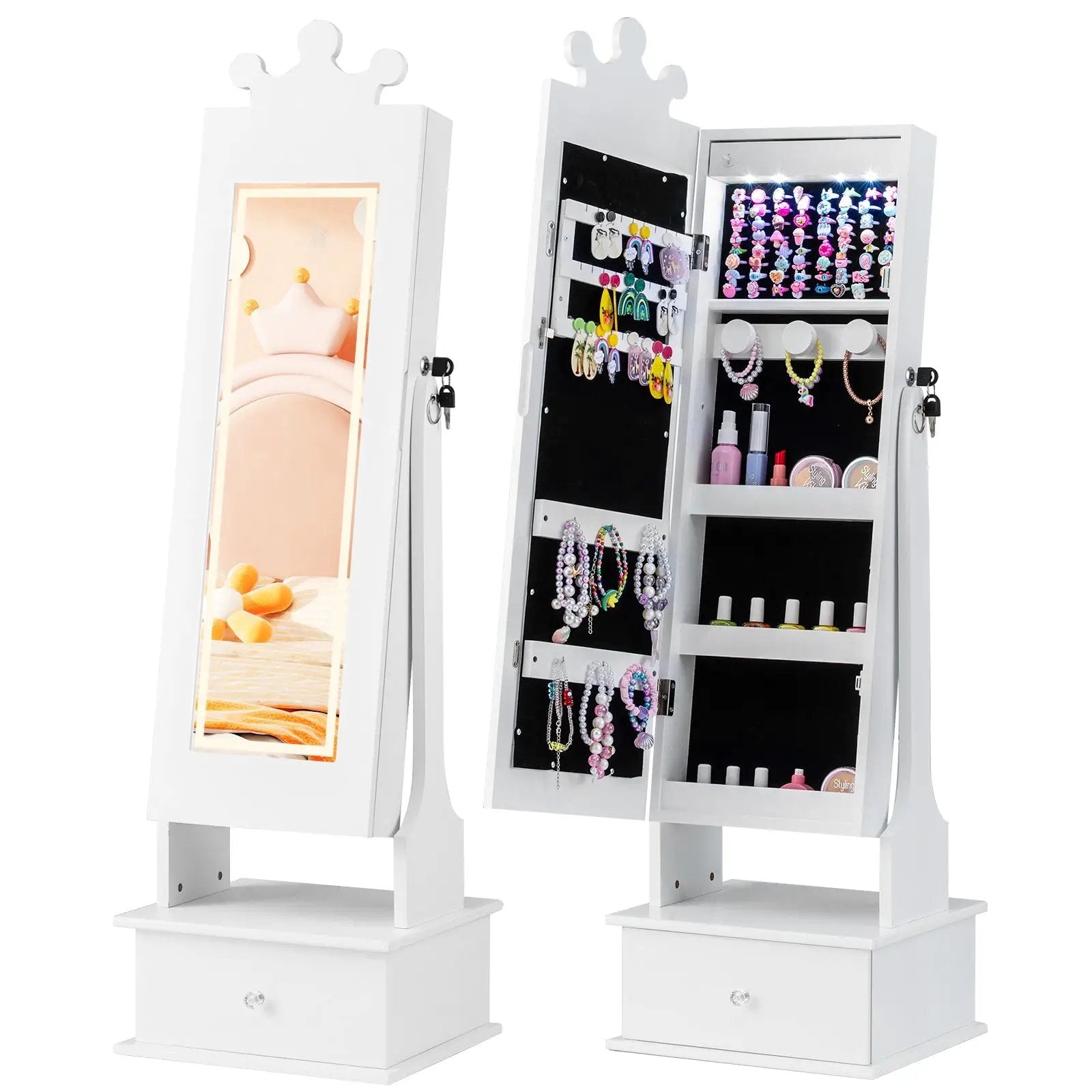 Kids Jewelry Armoire with 3-Color Lighted Full Length Mirror and Inside Led Lights by DirectDeals