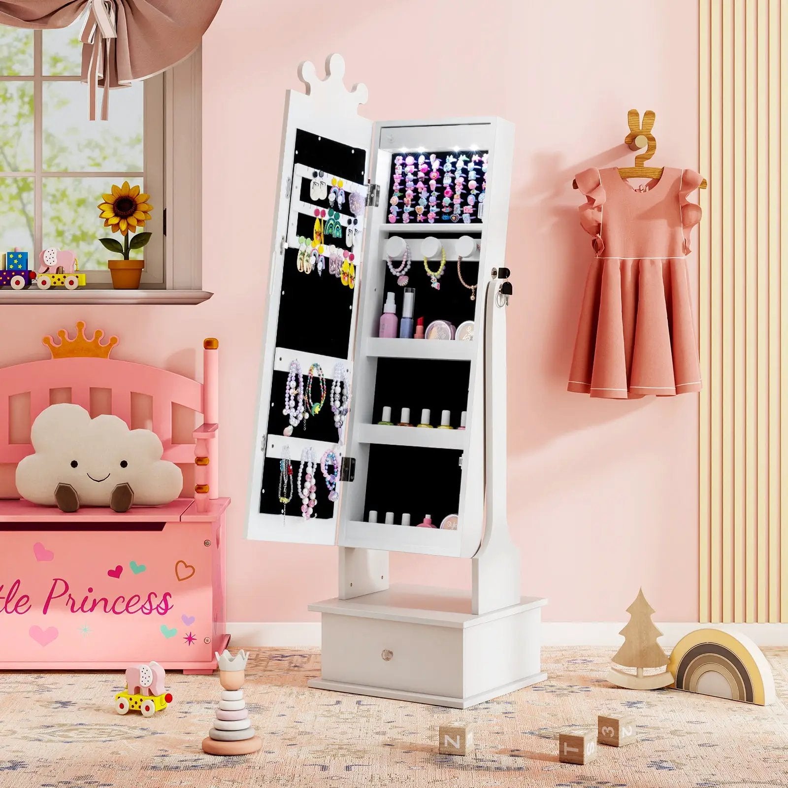 Kids Jewelry Armoire with 3-Color Lighted Full Length Mirror and Inside Led Lights by DirectDeals