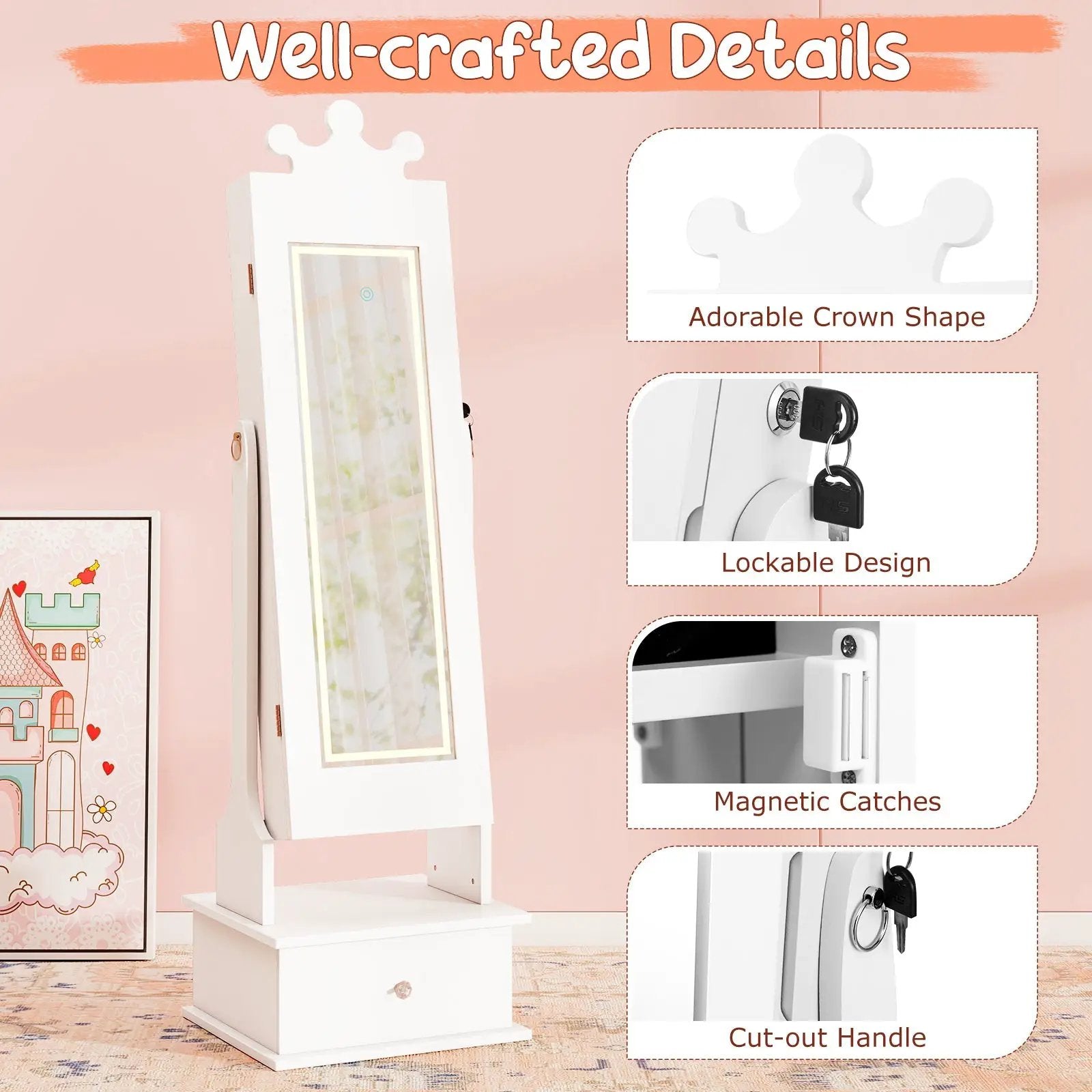 Kids Jewelry Armoire with 3-Color Lighted Full Length Mirror and Inside Led Lights by DirectDeals