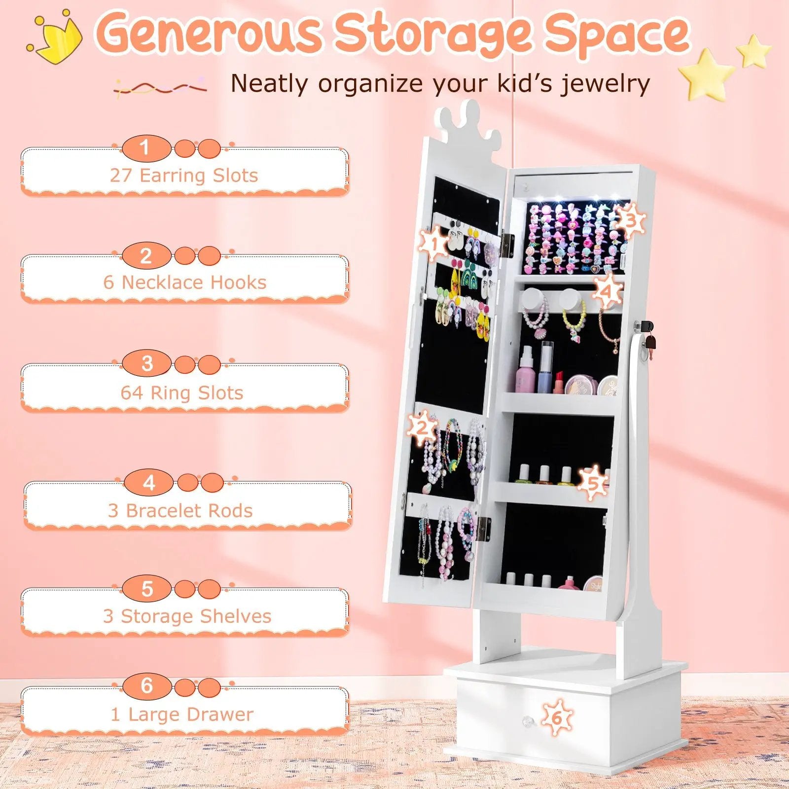 Kids Jewelry Armoire with 3-Color Lighted Full Length Mirror and Inside Led Lights by DirectDeals