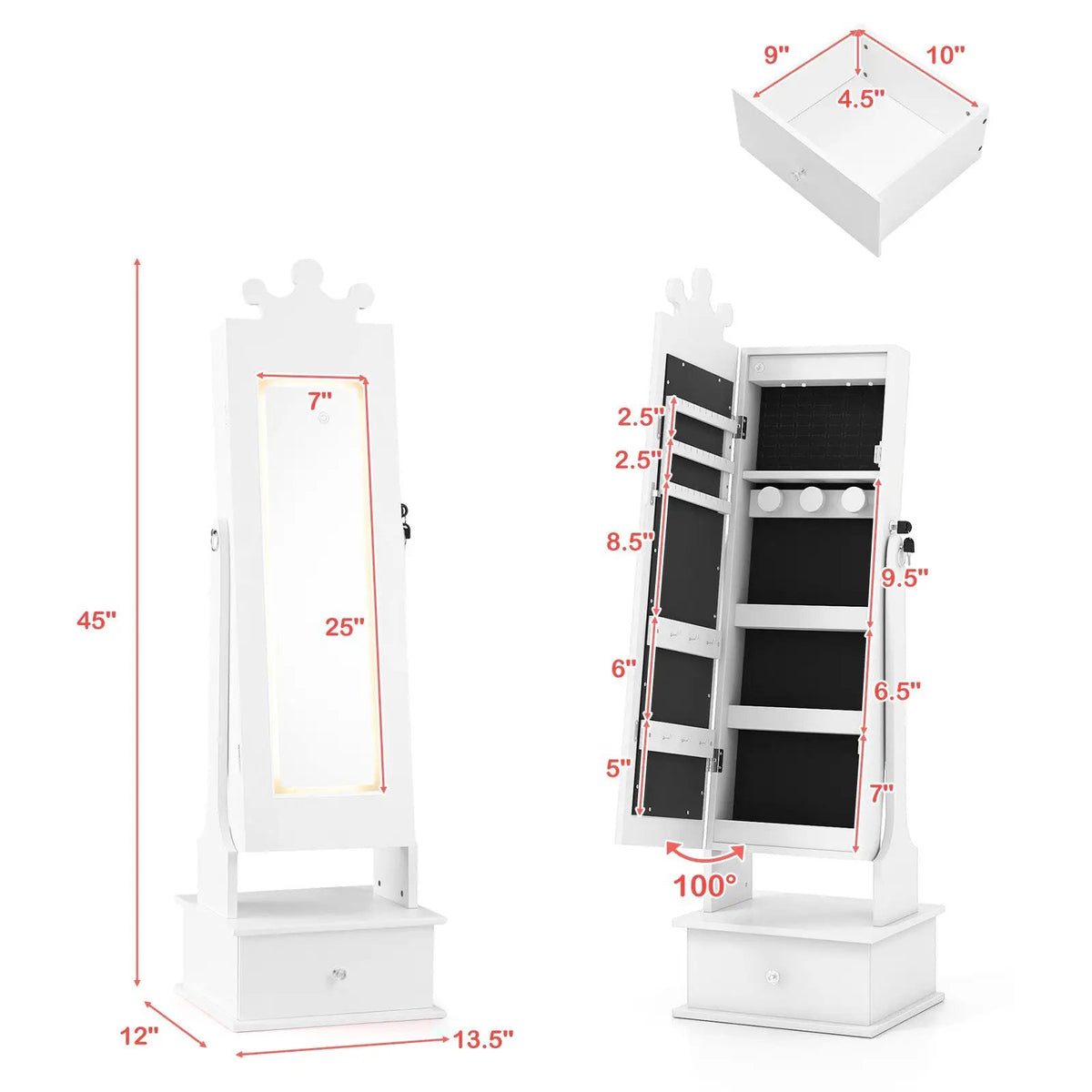 Kids Jewelry Armoire with 3-Color Lighted Full Length Mirror and Inside Led Lights by DirectDeals