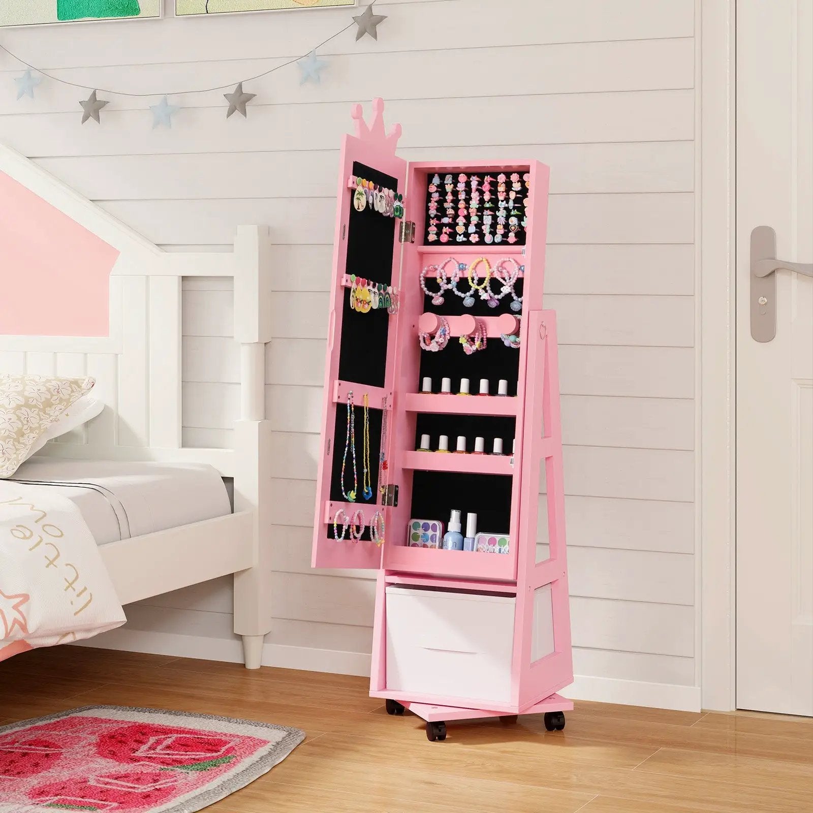 Kids Jewelry Armoire Cabinet with Swivel Base and Lockable Universal Wheels by DirectDeals