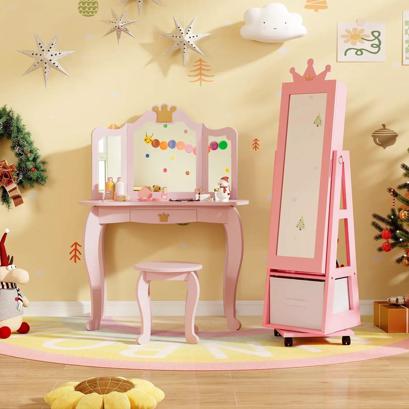 Kids Jewelry Armoire Cabinet with Swivel Base and Lockable Universal Wheels by DirectDeals