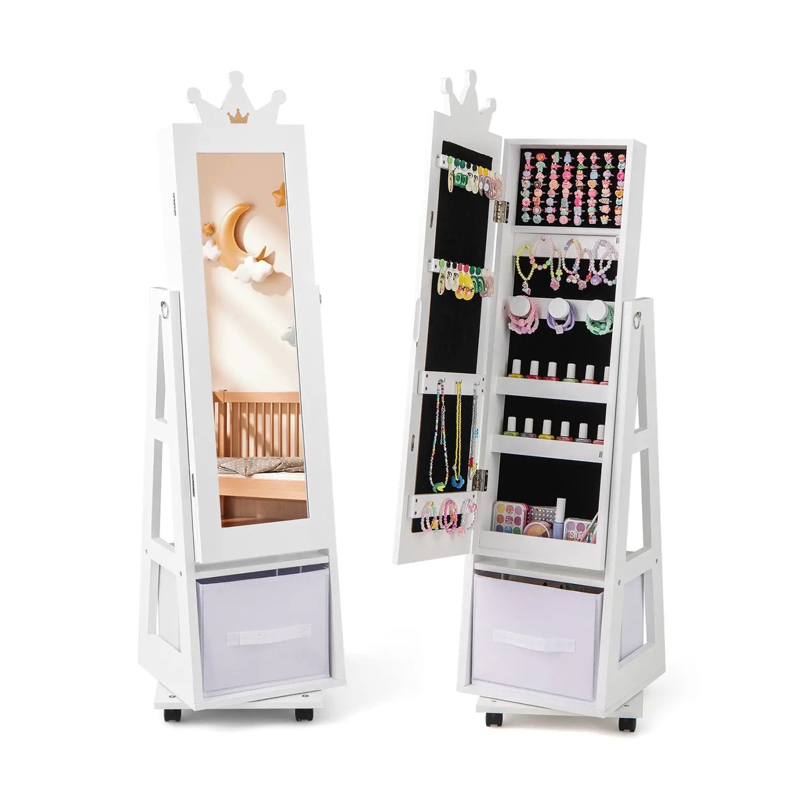Kids Jewelry Armoire Cabinet with Swivel Base and Lockable Universal Wheels by DirectDeals