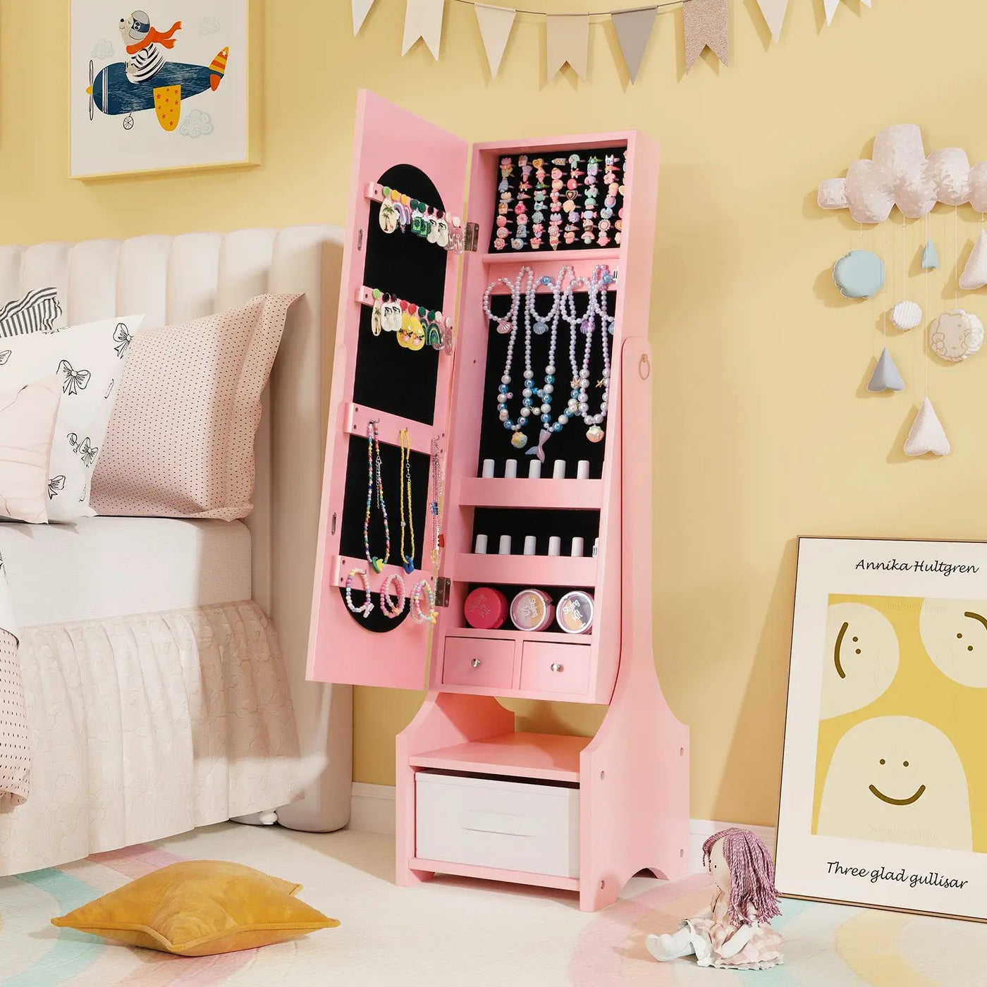 Freestanding Kids Jewelry Armoire Cabinet with Storage and 2 Tilt Angles by DirectDeals