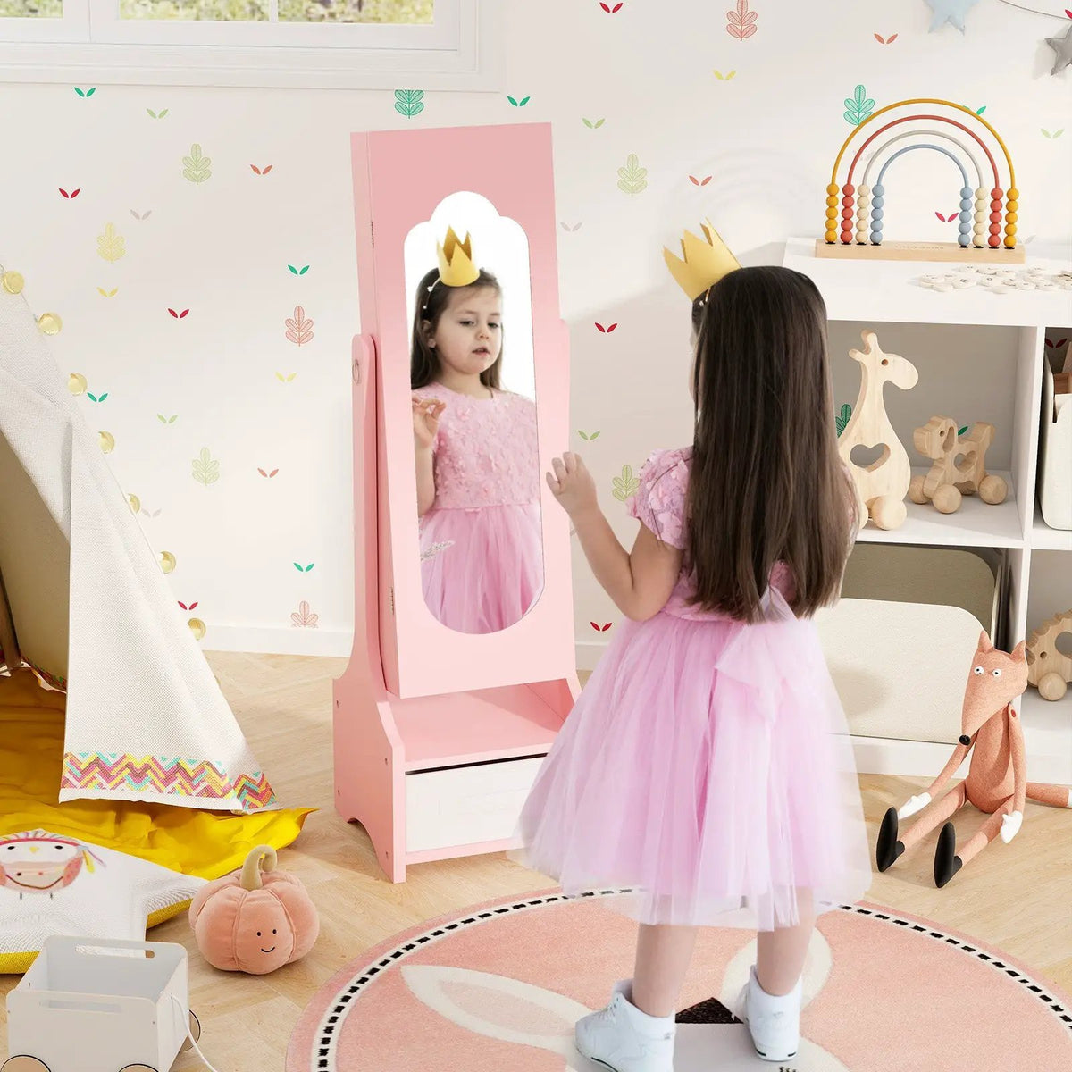 Freestanding Kids Jewelry Armoire Cabinet with Storage and 2 Tilt Angles by DirectDeals