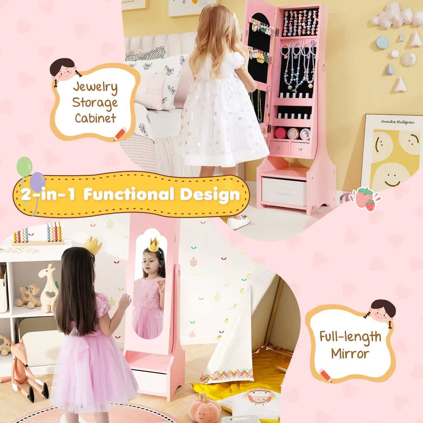 Freestanding Kids Jewelry Armoire Cabinet with Storage and 2 Tilt Angles by DirectDeals