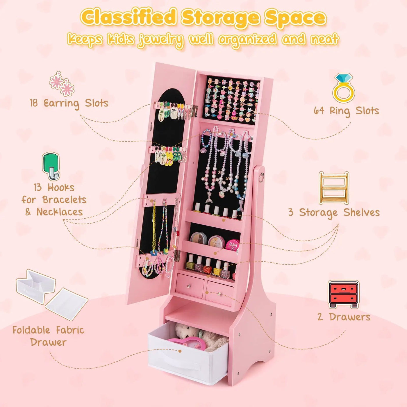 Freestanding Kids Jewelry Armoire Cabinet with Storage and 2 Tilt Angles by DirectDeals