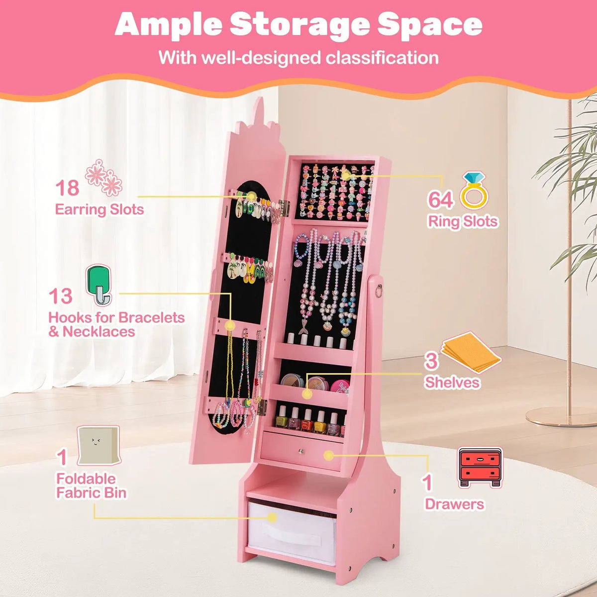 Kids Jewelry Armoire Cabinet with Storage and 2 Tilt Angles by DirectDeals