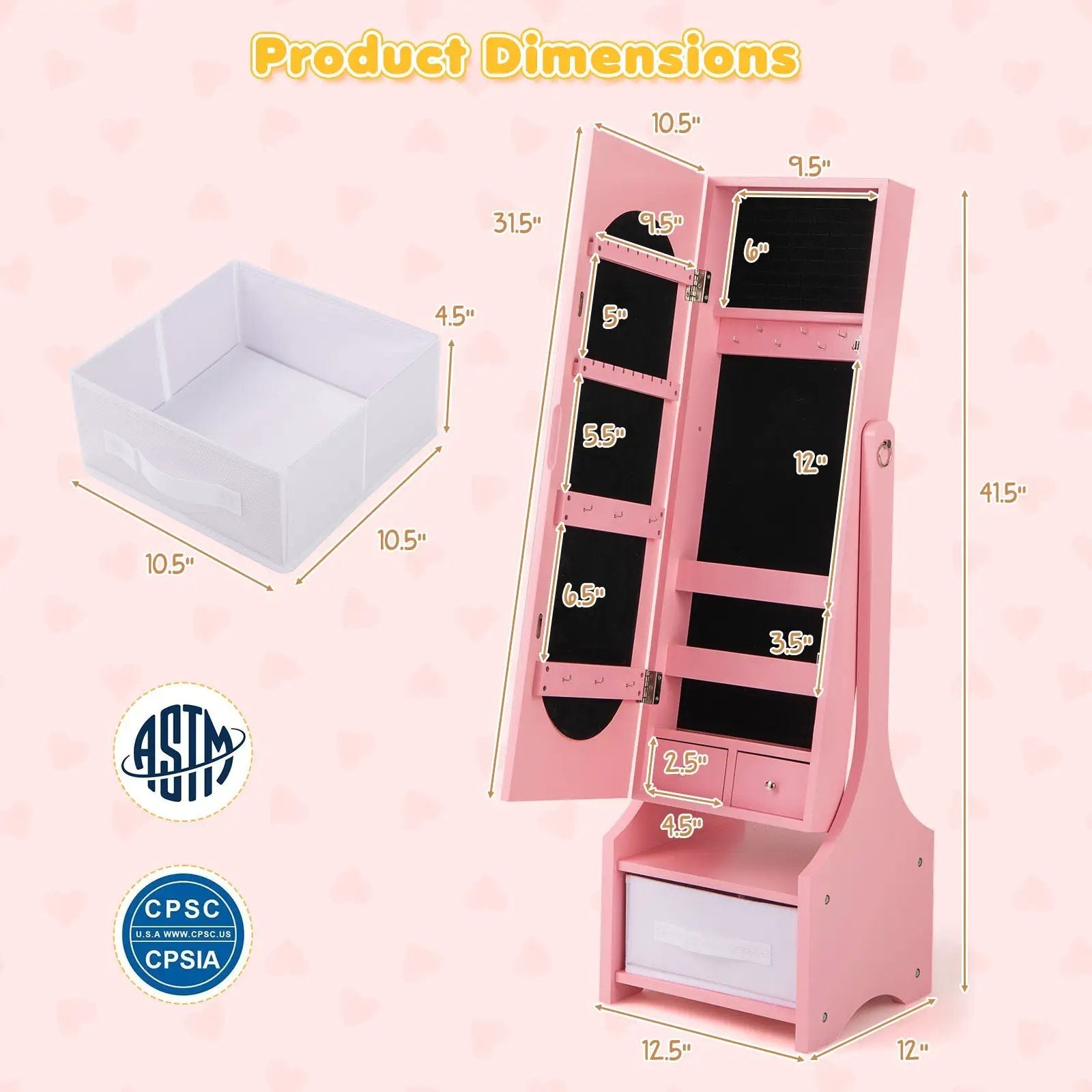Freestanding Kids Jewelry Armoire Cabinet with Storage and 2 Tilt Angles by DirectDeals