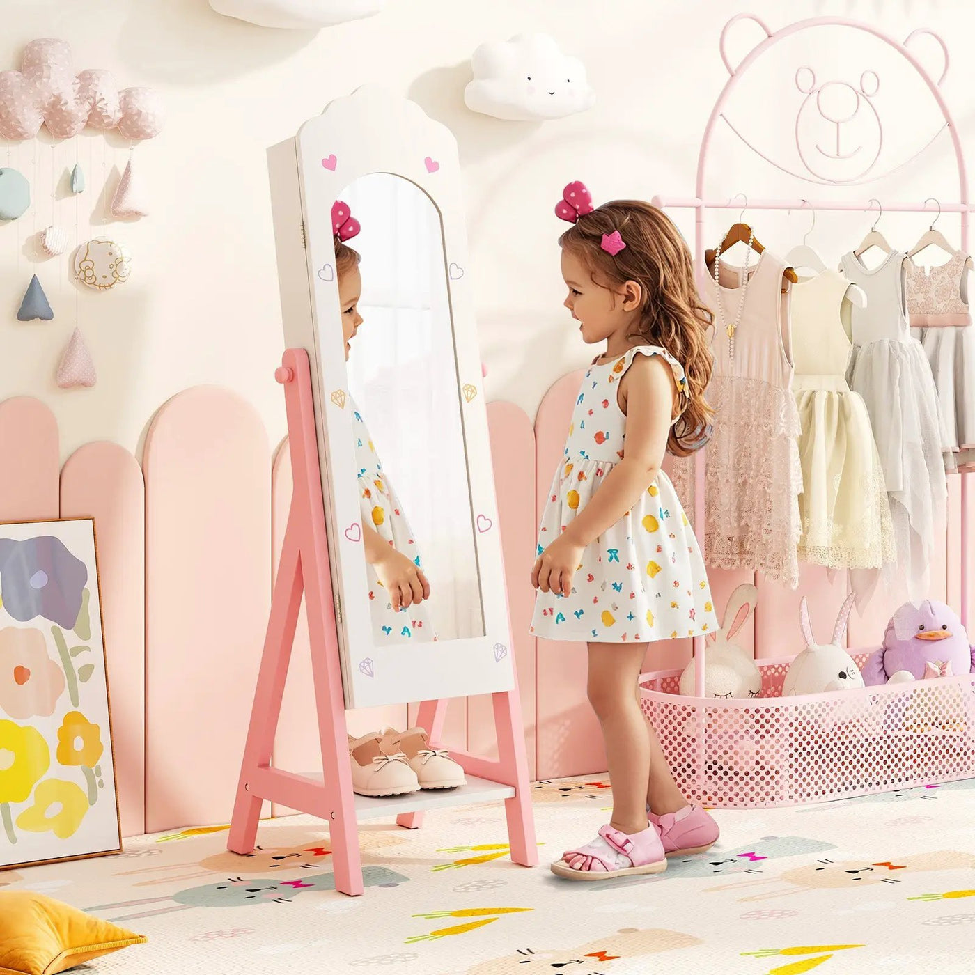Kids Jewelry Organizer with Full Length Mirror Drawers and Storage Shelves-White by DirectDeals