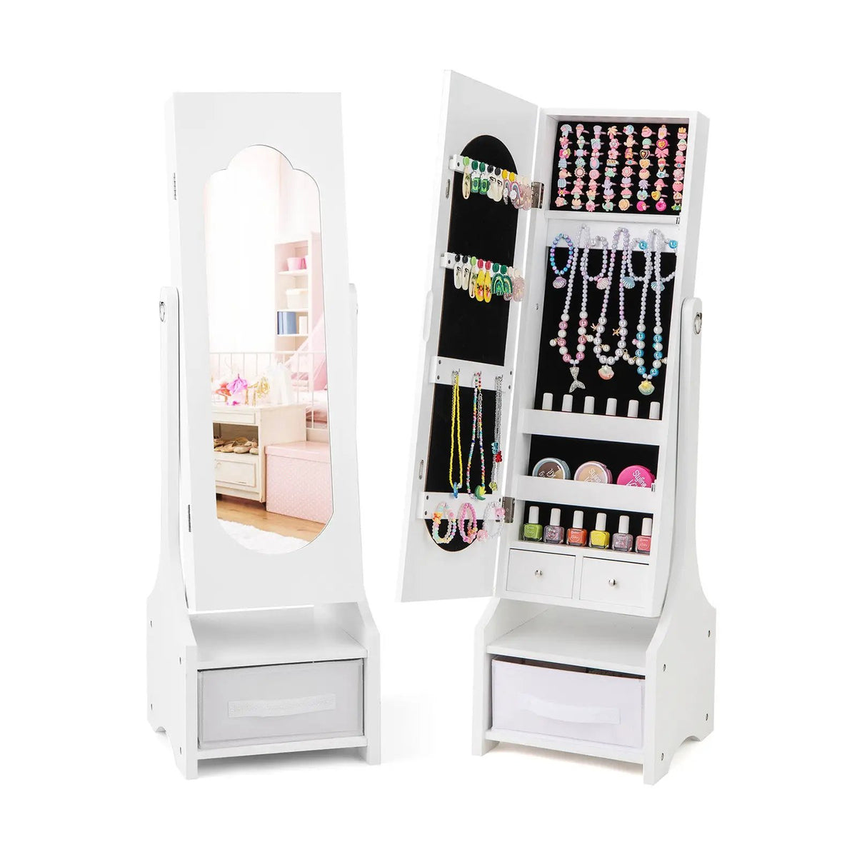 Freestanding Kids Jewelry Armoire Cabinet with Storage and 2 Tilt Angles by DirectDeals