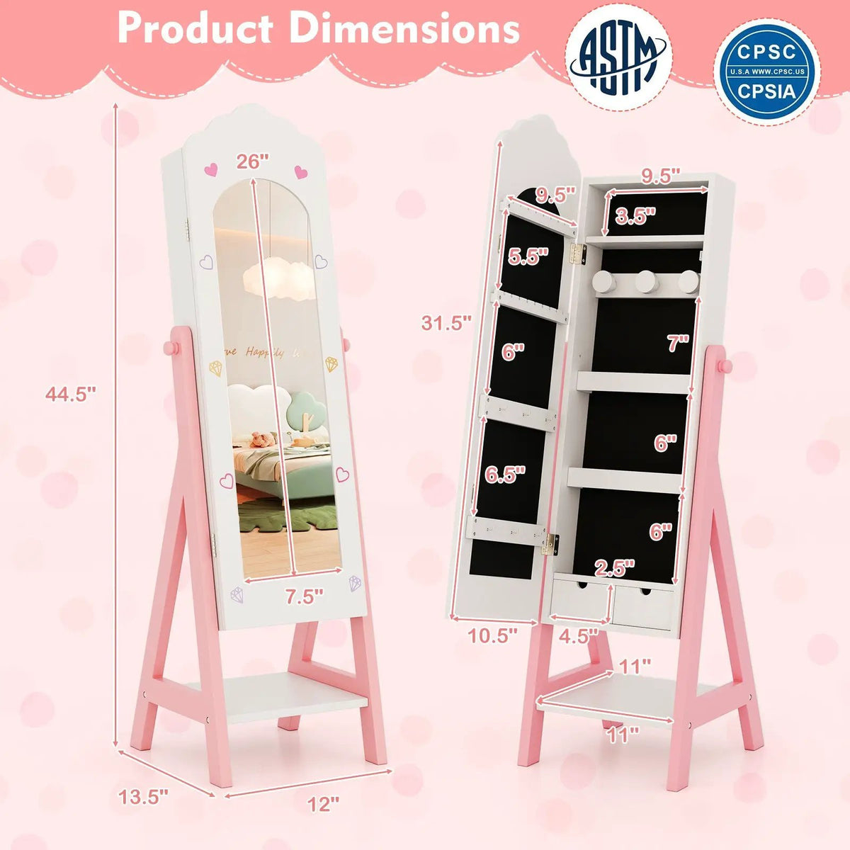 Kids Jewelry Organizer with Full Length Mirror Drawers and Storage Shelves-White by DirectDeals