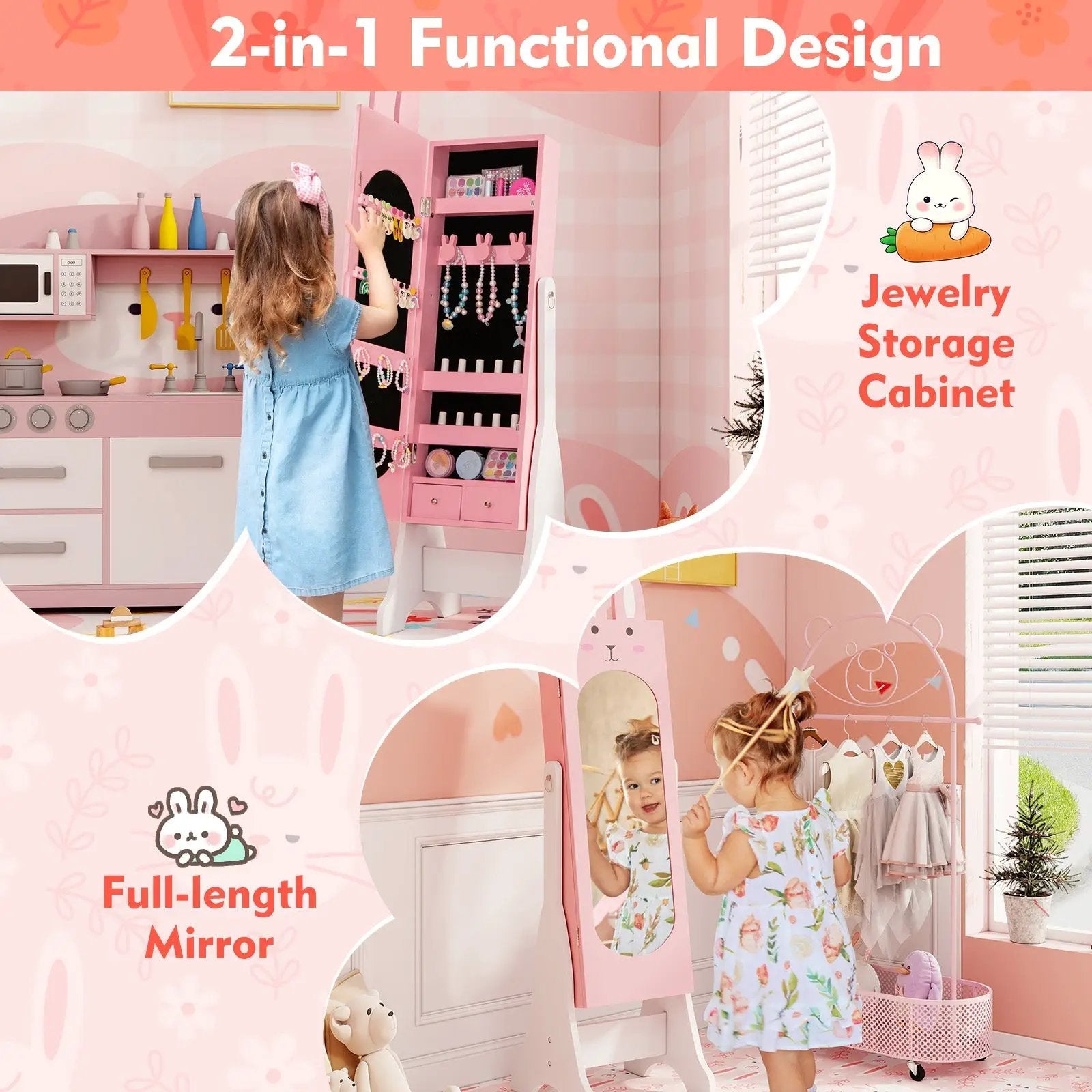 Kids Jewelry Armoire Cabinet with 2 Tilt Angles and Large Capacity by DirectDeals