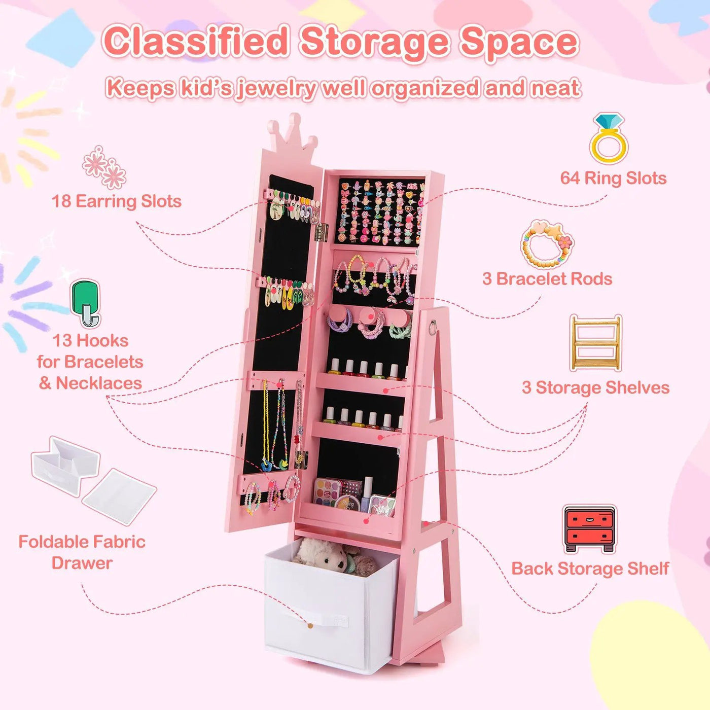 Kids Jewelry Armoire Cabinet with Large Storage Capacity and Swivel Base by DirectDeals