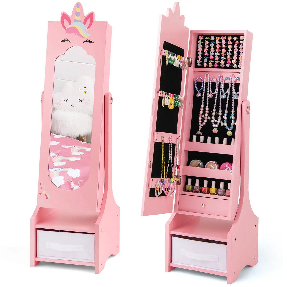 Kids Jewelry Cabinet with Full-Length Mirror for Kids Bedroom and Playroom by DirectDeals