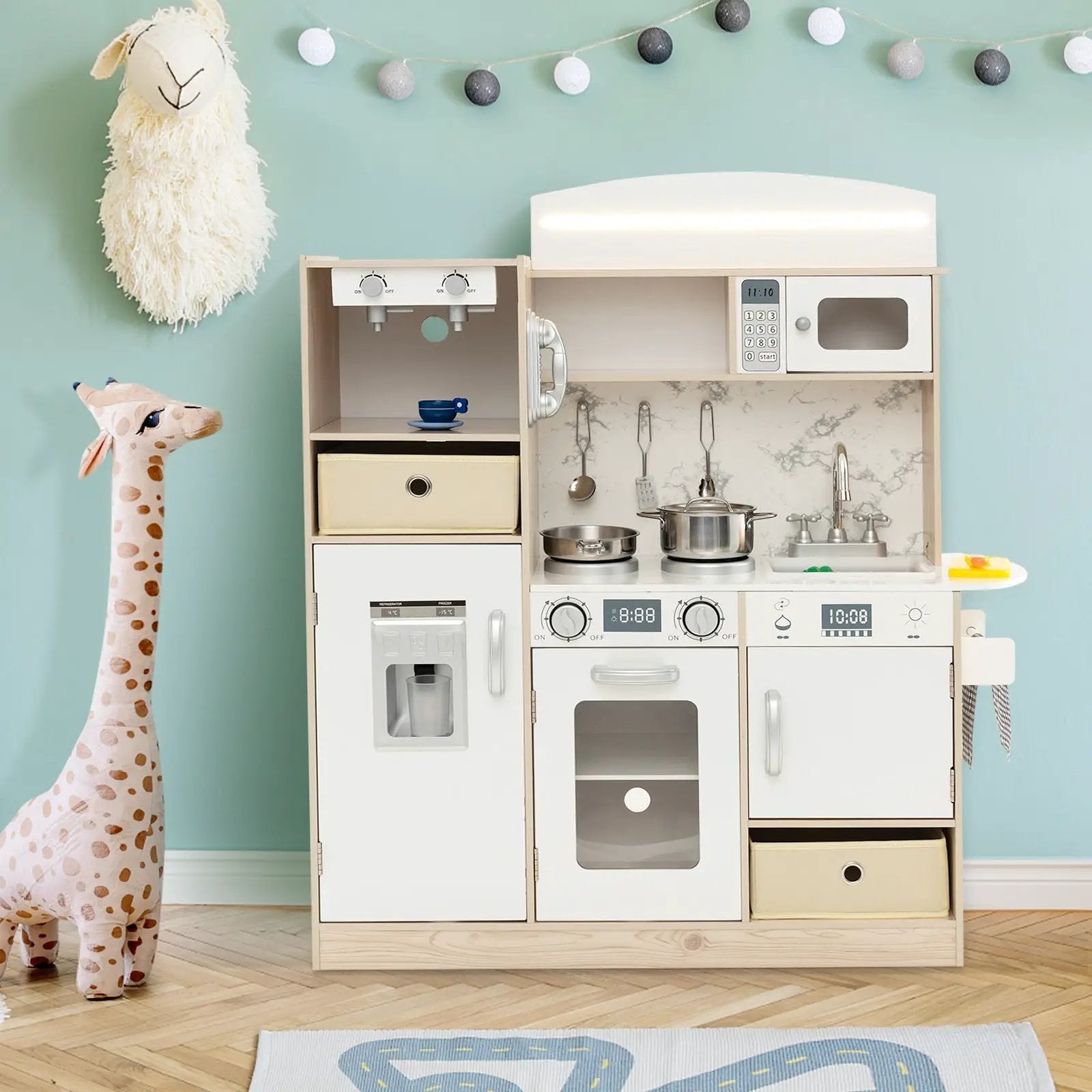 Kids Kitchen Playset with Adjustable LED Lights Removable Fabric Bins-White by DirectDeals