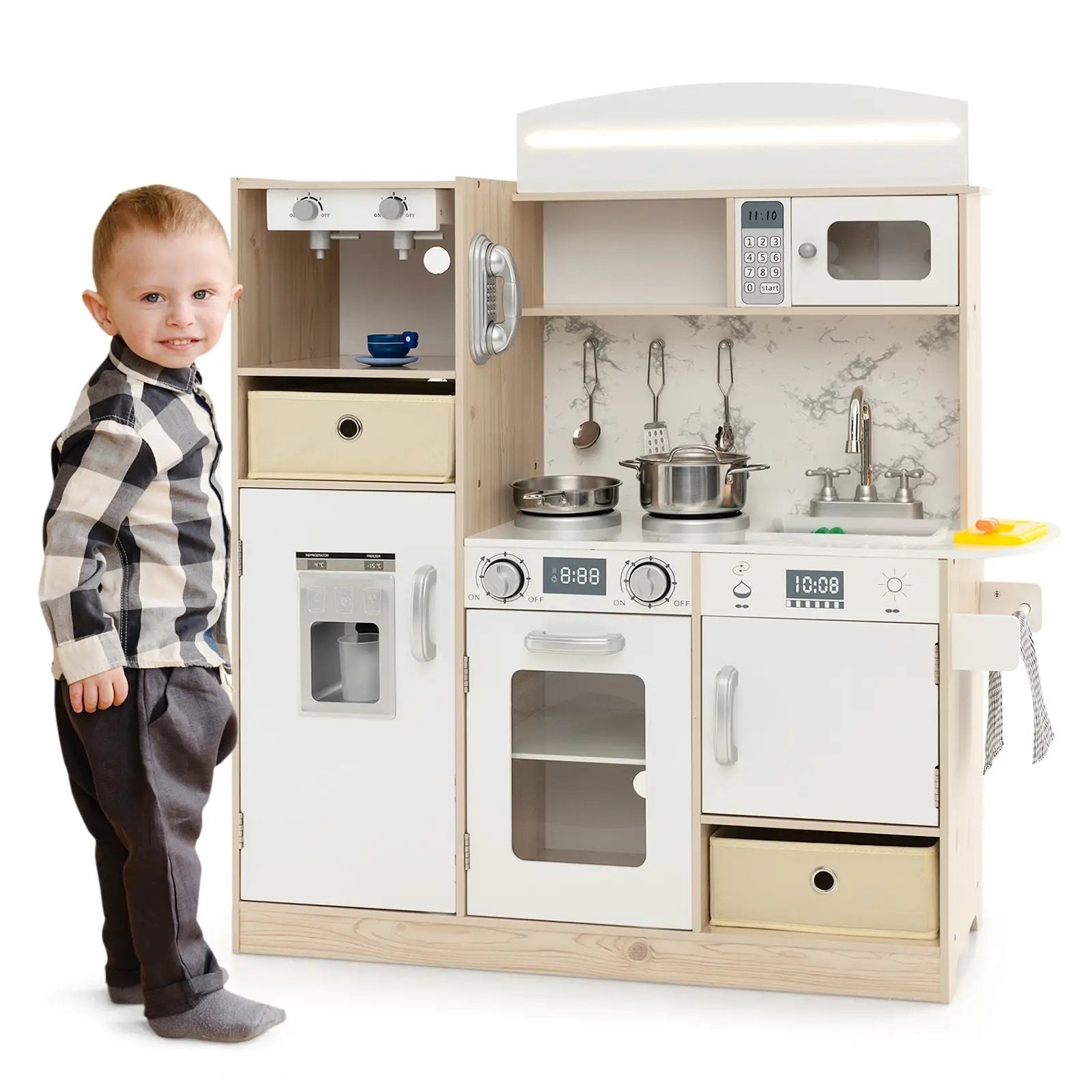 Kids Kitchen Playset with Adjustable LED Lights Removable Fabric Bins-White by DirectDeals