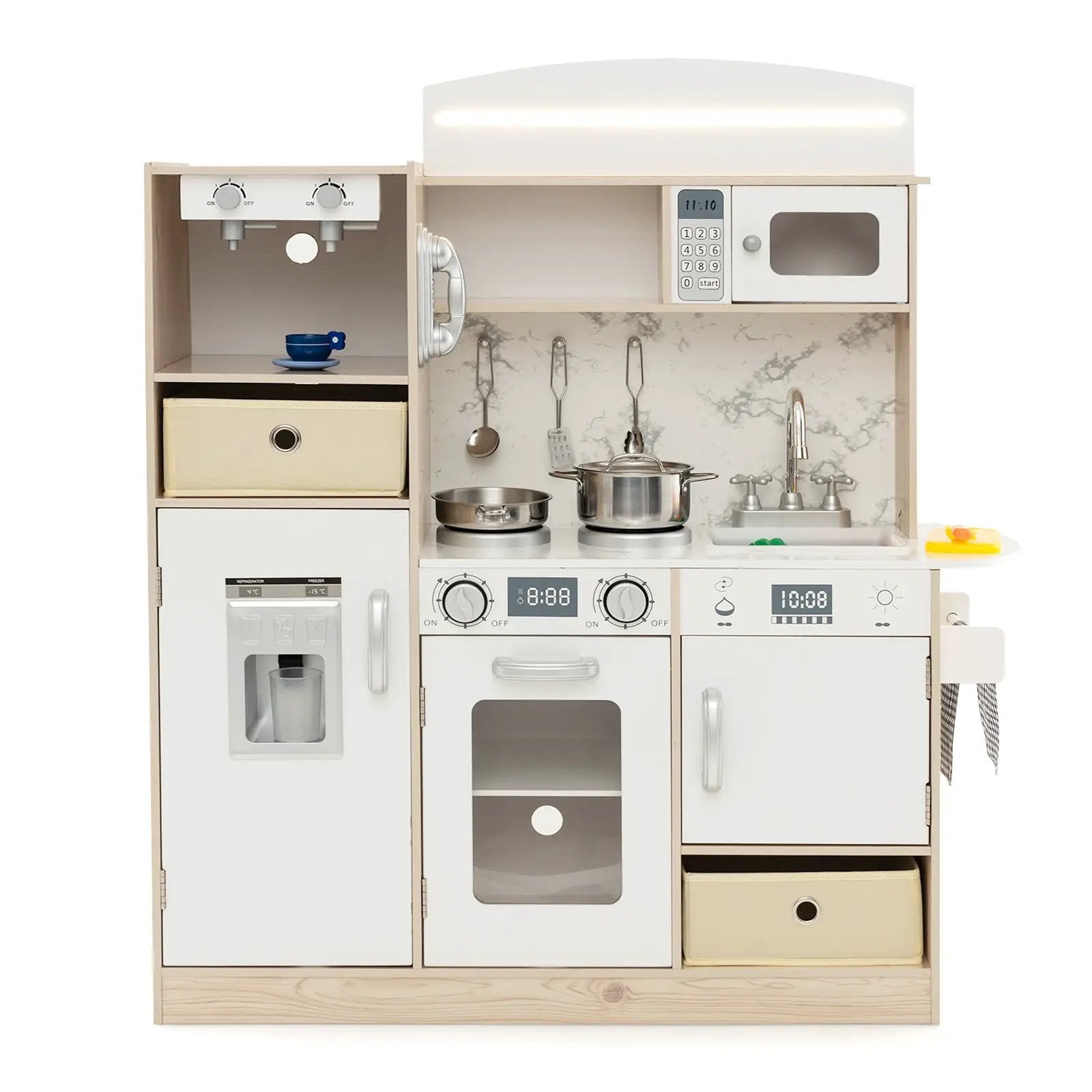 Kids Kitchen Playset with Adjustable LED Lights Removable Fabric Bins-White by DirectDeals