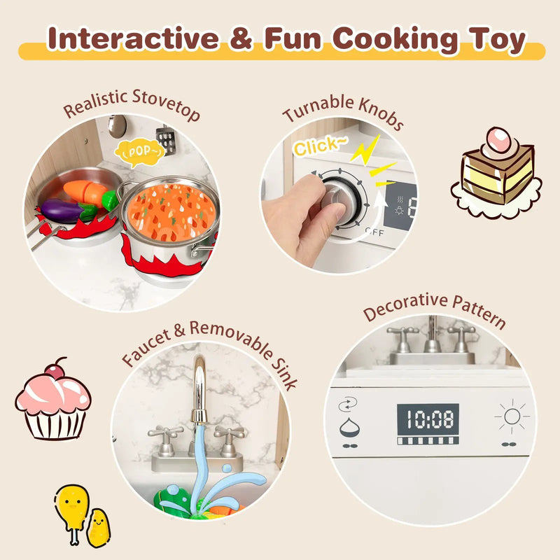 Kids Kitchen Playset with Adjustable LED Lights Removable Fabric Bins-White by DirectDeals