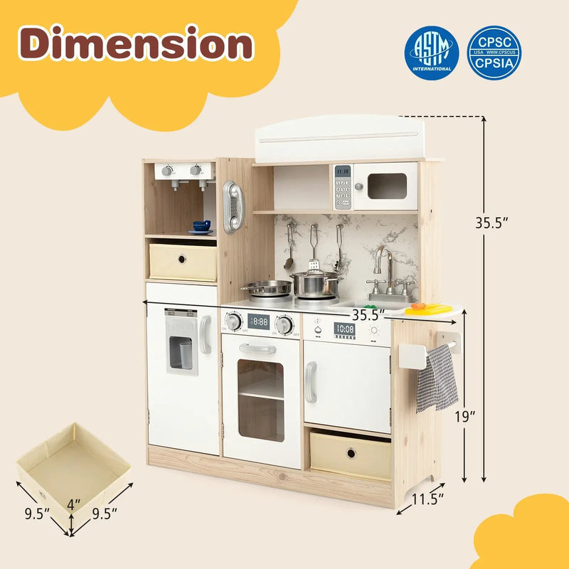 Kids Kitchen Playset with Adjustable LED Lights Removable Fabric Bins-White by DirectDeals
