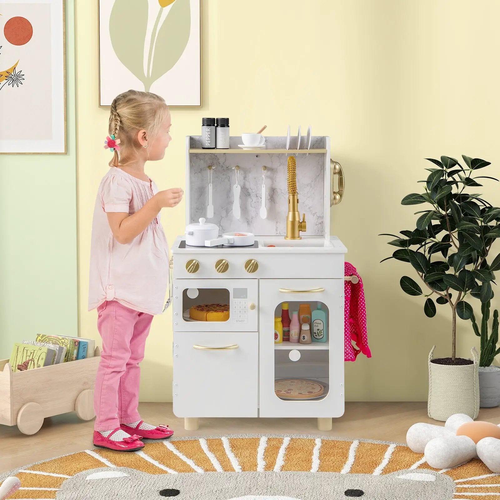Kids Kitchen Set Pretend Play Kitchen with Stoves Faucet Sink Telephone Microwave and Oven-White by DirectDeals