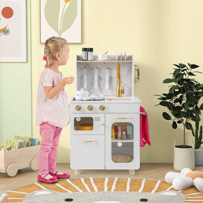 Kids Kitchen Set Pretend Play Kitchen with Stoves Faucet Sink Telephone Microwave and Oven-White by DirectDeals