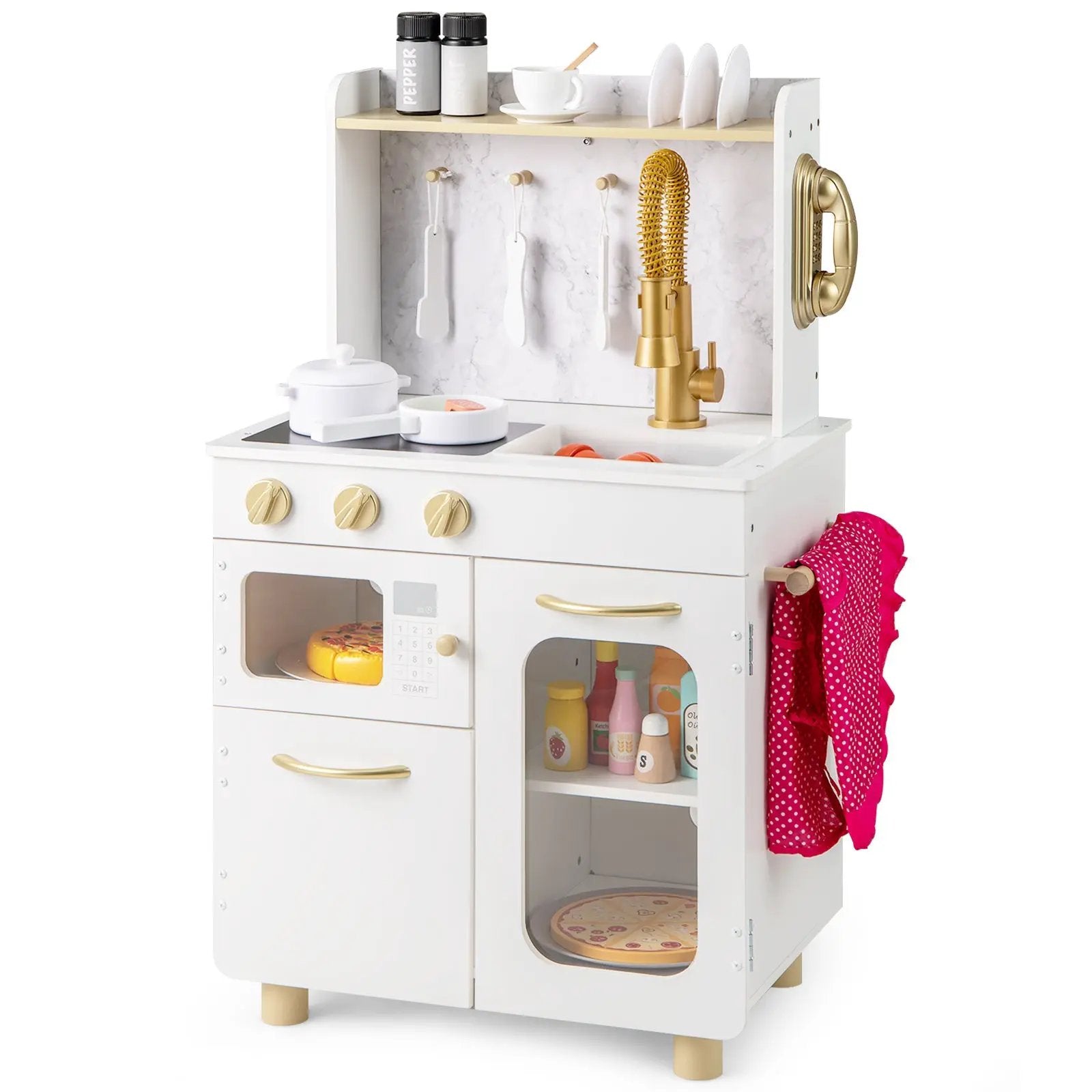 Kids Kitchen Set Pretend Play Kitchen with Stoves Faucet Sink Telephone Microwave and Oven-White by DirectDeals