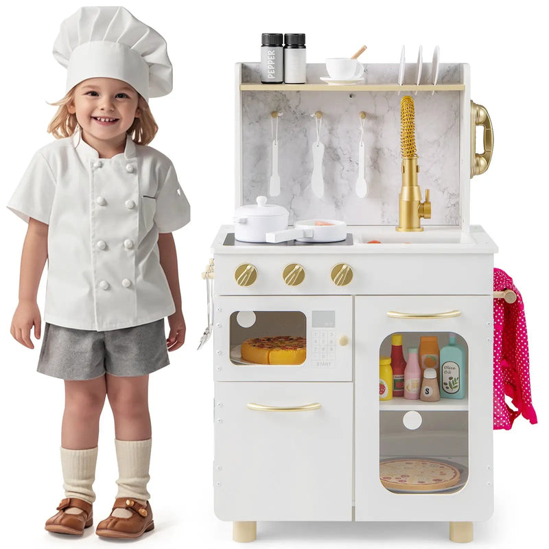 Kids Kitchen Set Pretend Play Kitchen with Stoves Faucet Sink Telephone Microwave and Oven-White by DirectDeals