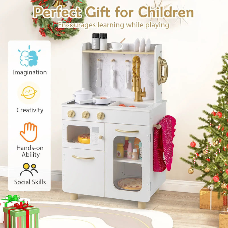 Kids Kitchen Set Pretend Play Kitchen with Stoves Faucet Sink Telephone Microwave and Oven-White by DirectDeals