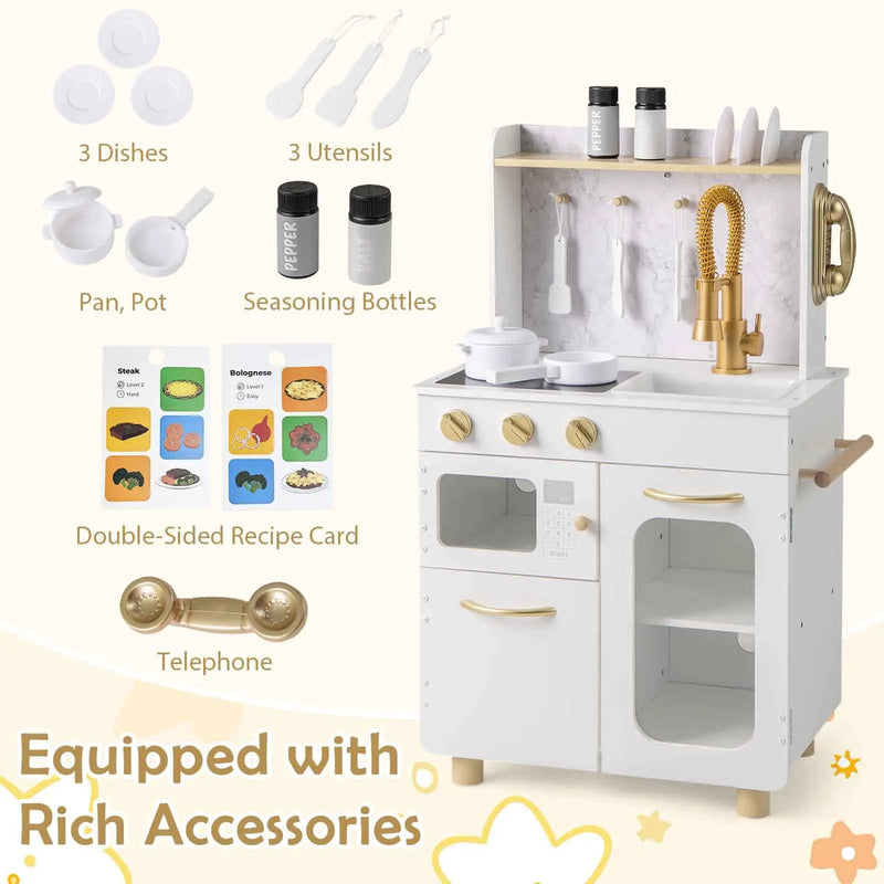 Kids Kitchen Set Pretend Play Kitchen with Stoves Faucet Sink Telephone Microwave and Oven-White by DirectDeals