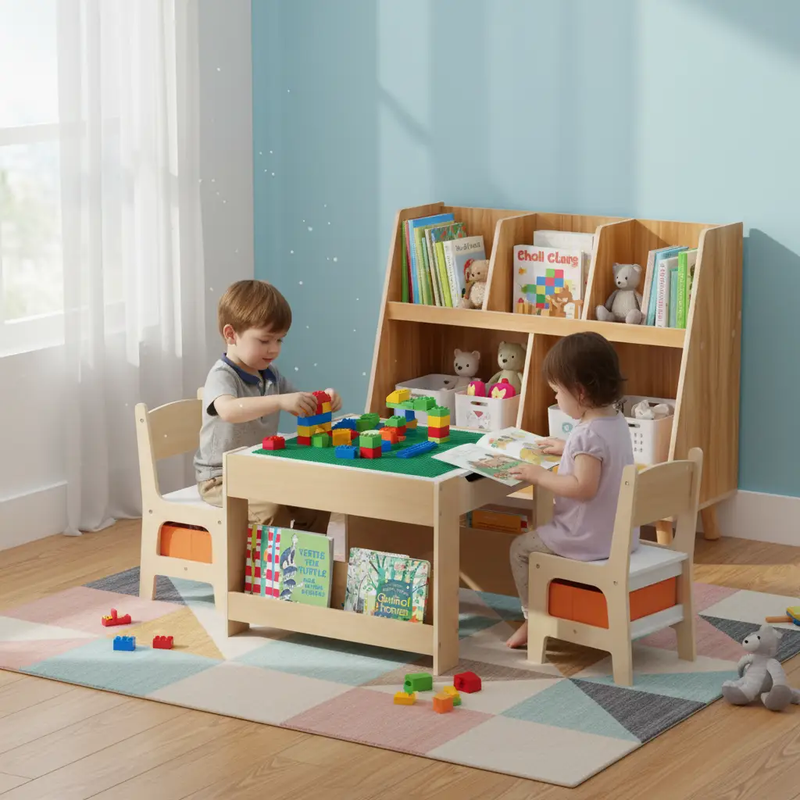 Kids Learning & Play Essentials Bundle - Bookshelf + 4-in-1 Activity Table Set + 360¬∞ Swivel Chair by DirectDeals