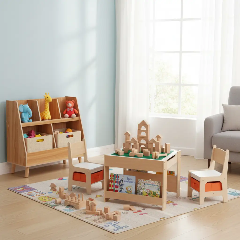 Kids Learning & Play Essentials Bundle - Bookshelf + 4-in-1 Activity Table Set + 360¬∞ Swivel Chair by DirectDeals