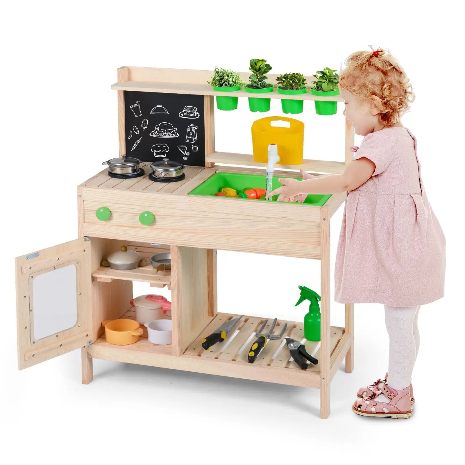Kids Mud Kitchen Play Pretend Kitchen with Chalkboard for Kids Aged 3+ by DirectDeals