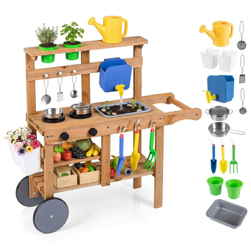 Kids Mud Kitchen with Water Tank, Sink & 15 Accessories by DirectDeals