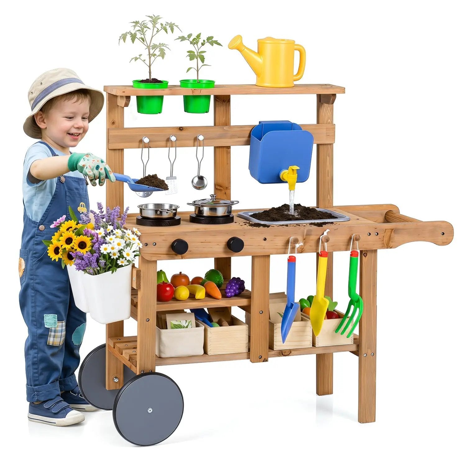 Kids Mud Kitchen with Water Tank, Sink & 15 Accessories by DirectDeals