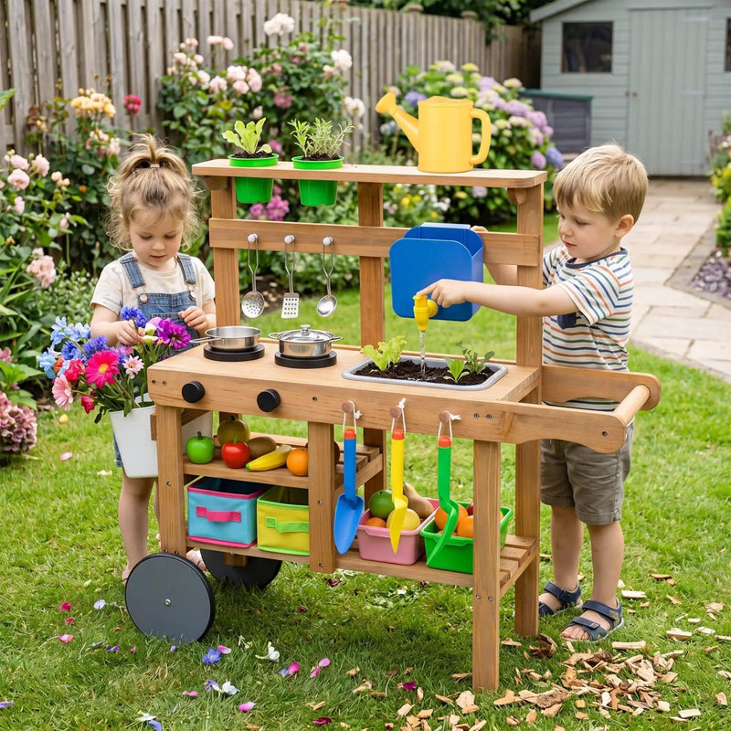 Kids Mud Kitchen with Water Tank, Sink & 15 Accessories by DirectDeals