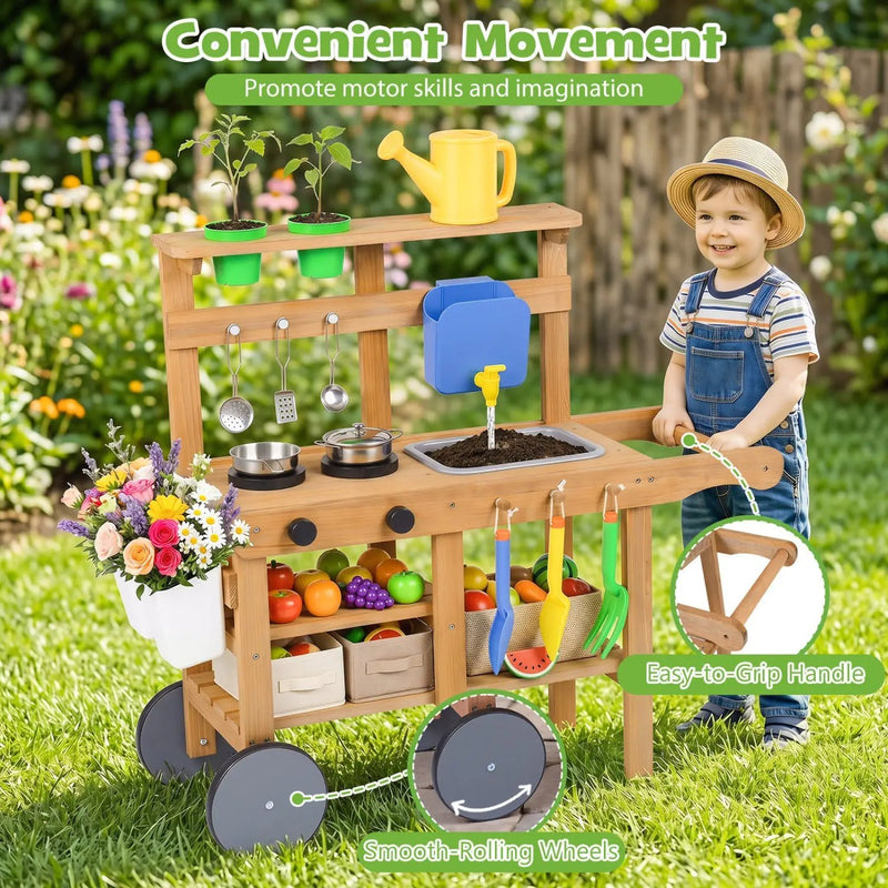 Kids Mud Kitchen with Water Tank, Sink & 15 Accessories by DirectDeals
