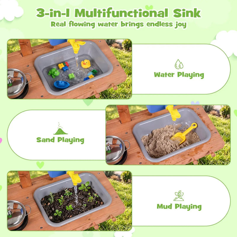 Kids Mud Kitchen with Water Tank, Sink & 15 Accessories by DirectDeals