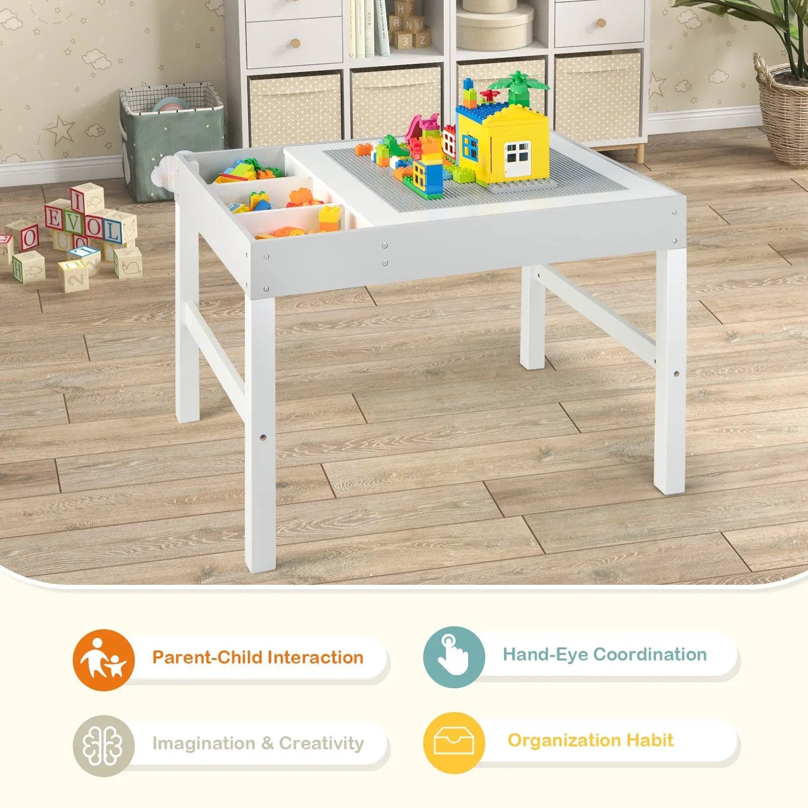 3 in 1 Wooden Kids Table with Storage and Double-Sided Tabletop-White by DirectDeals