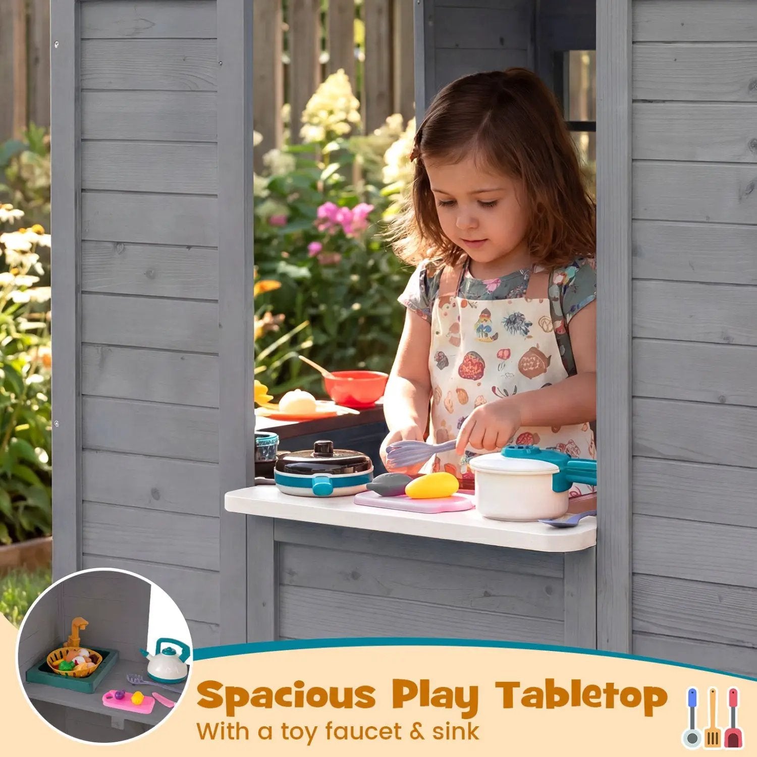 Kids Outdoor Playhouse with Sink Spruce Wooden Cottage with Half Door by DirectDeals
