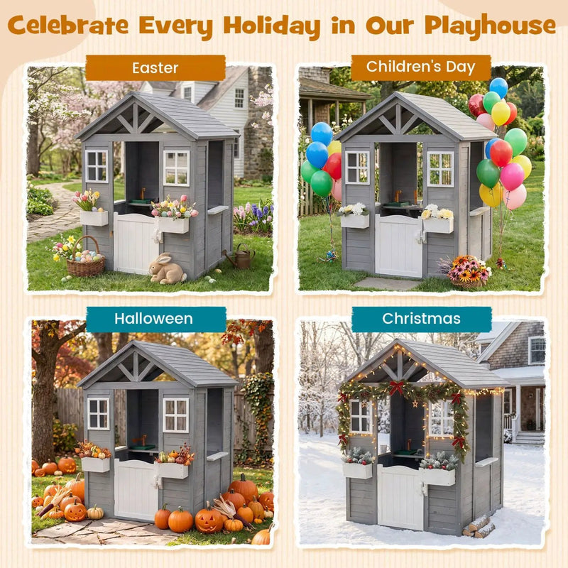 Kids Outdoor Playhouse with Sink Spruce Wooden Cottage with Half Door by DirectDeals