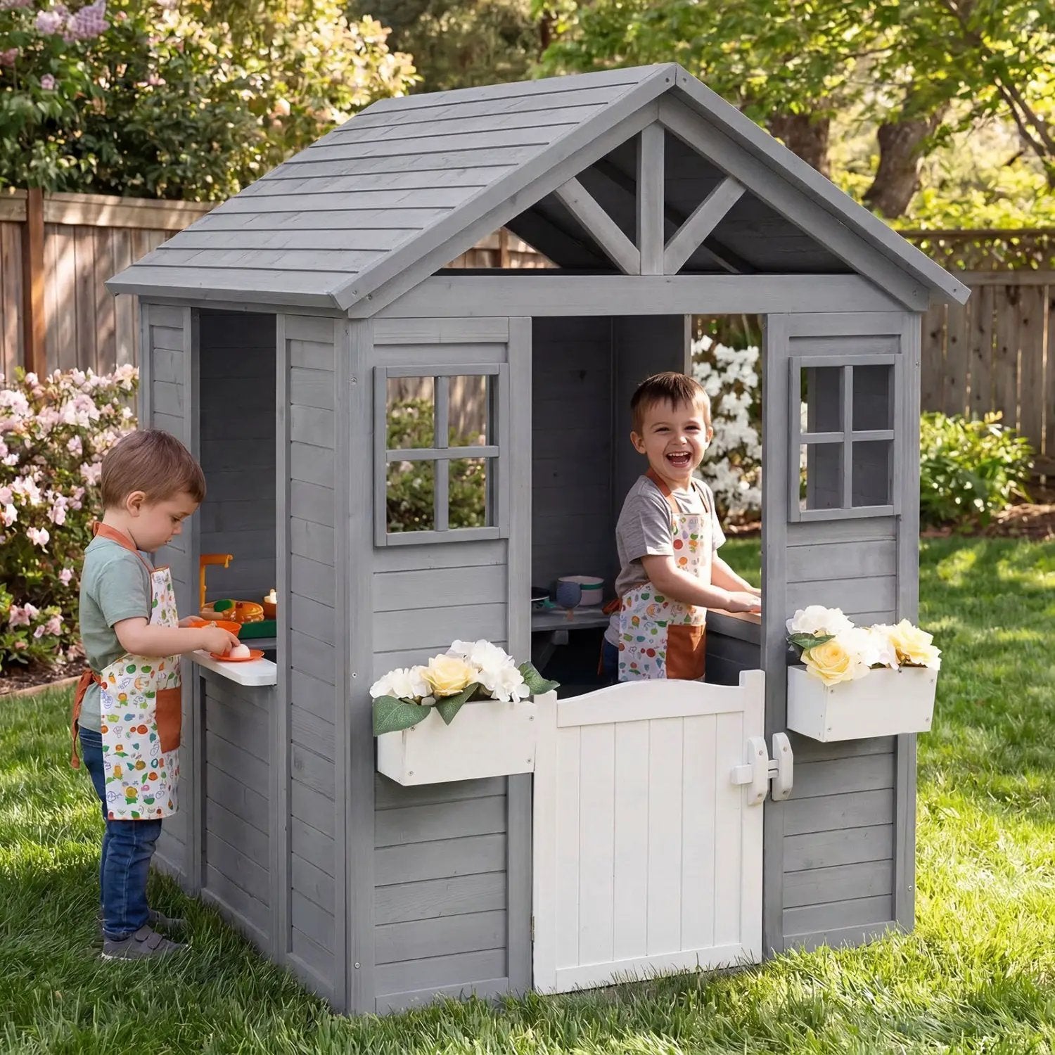 Kids Outdoor Playhouse with Sink Spruce Wooden Cottage with Half Door by DirectDeals