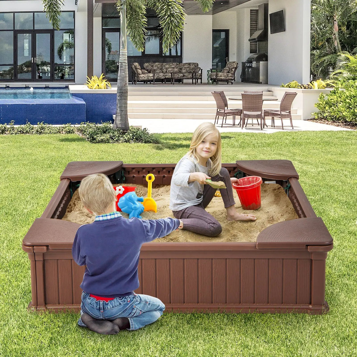 Kids Outdoor Sandbox with Oxford Cover and 4 Corner Seats by DirectDeals