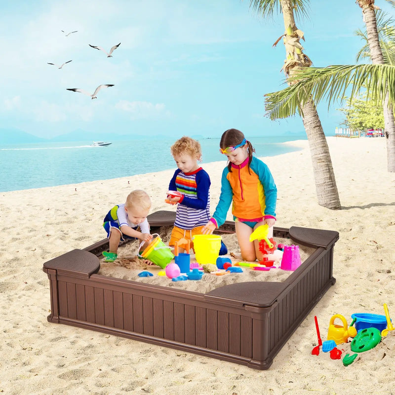 Kids Outdoor Sandbox with Oxford Cover and 4 Corner Seats by DirectDeals