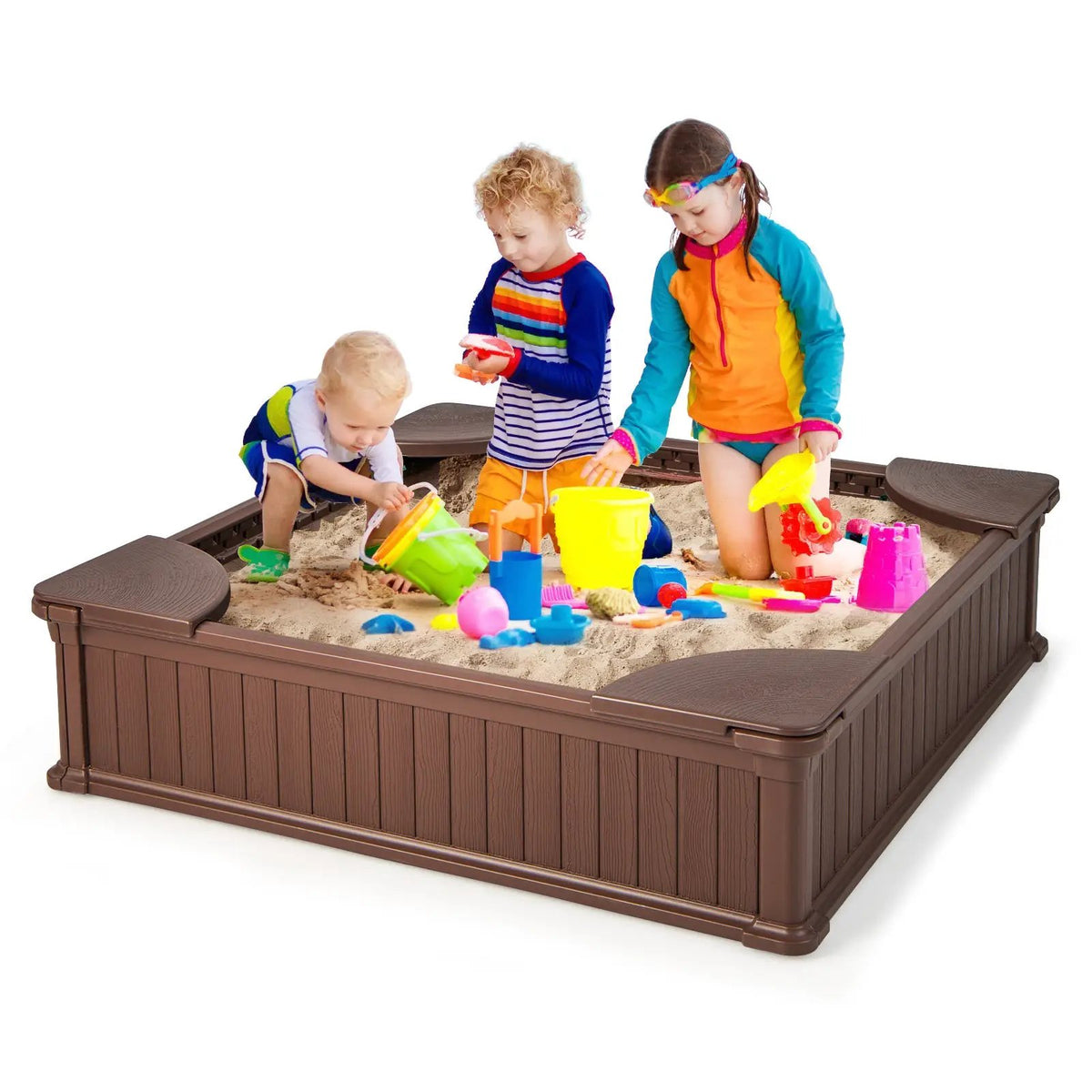 Kids Outdoor Sandbox with Oxford Cover and 4 Corner Seats by DirectDeals