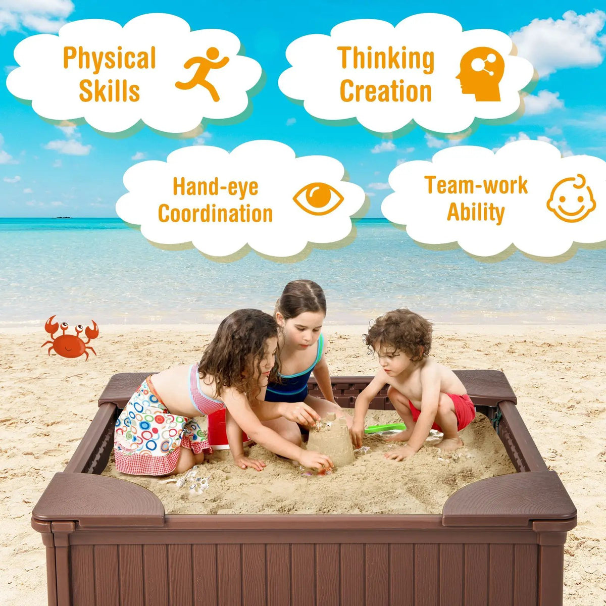 Kids Outdoor Sandbox with Oxford Cover and 4 Corner Seats by DirectDeals