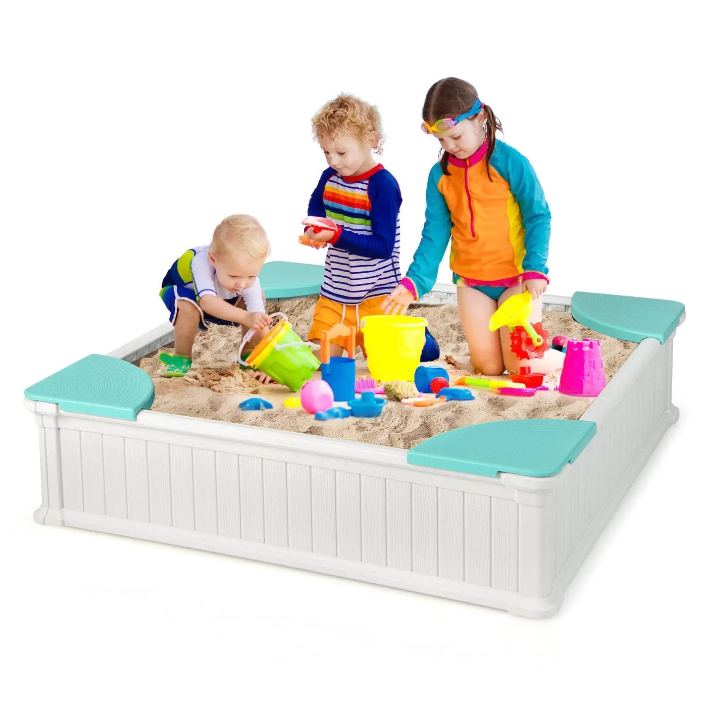 Kids Outdoor Sandbox with Oxford Cover and 4 Corner Seats by DirectDeals