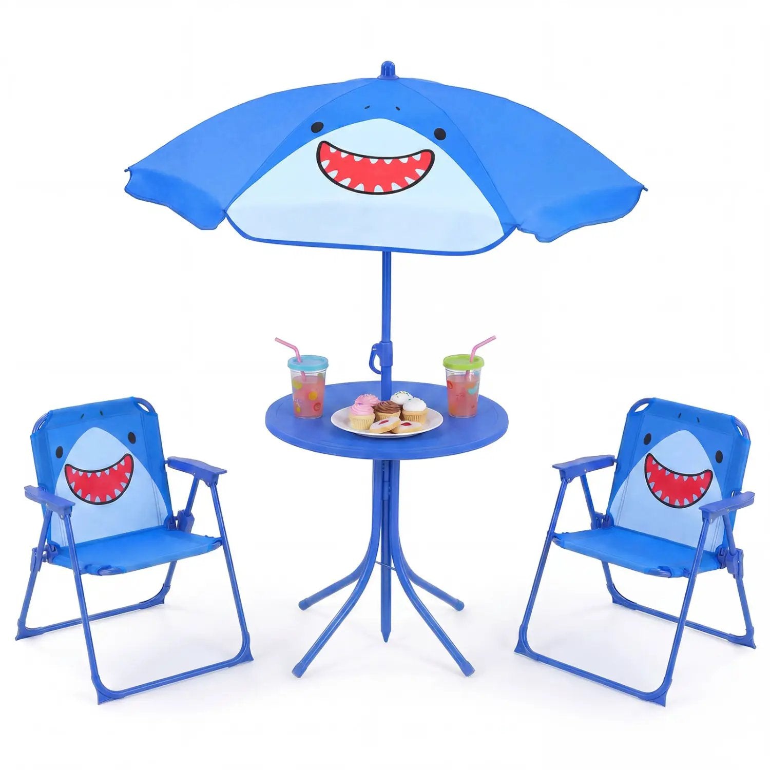Kids Outdoor Table and Chair Set with 2 Folding Chairs and Height Adjustable Umbrella by DirectDeals