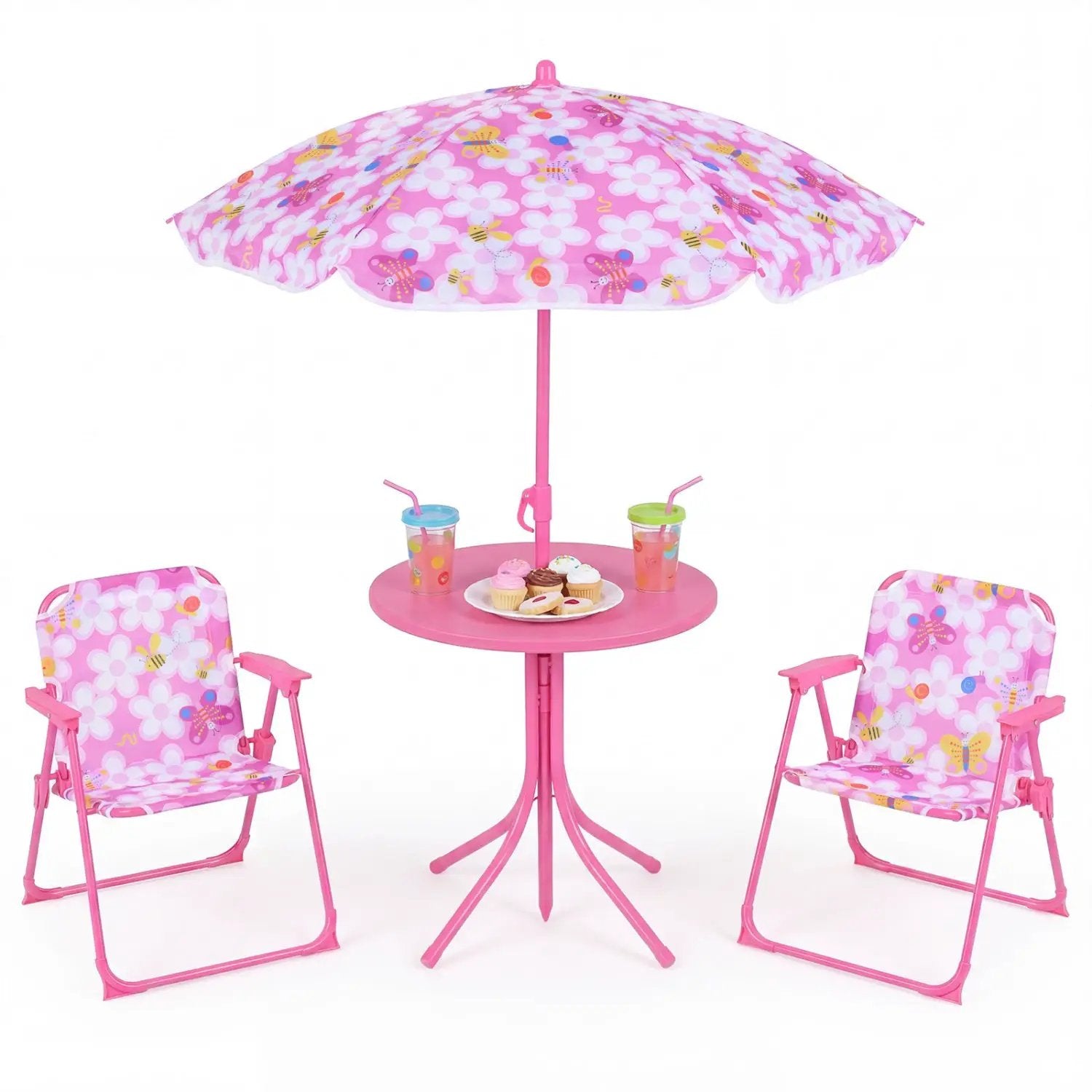Kids Outdoor Table and Chair Set with 2 Folding Chairs and Height Adjustable Umbrella by DirectDeals